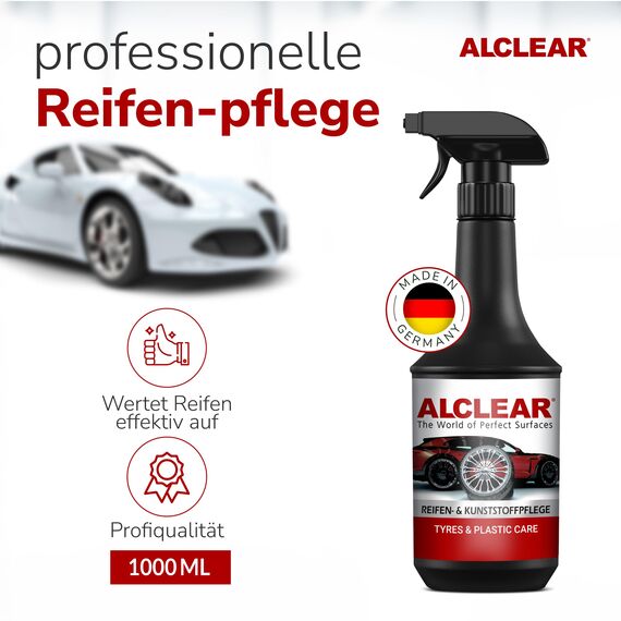 ALCLEAR 721RK Reifenglanz 1000 ml, mit Auftragsschwamm, seidenmatt, UV-Schutz, farbauffrischend,für Reifenflanken, Kunststoff, Türgummi, Gummipflege, Autopflege, Fahrzeugaufbereitung, Auto Detailing