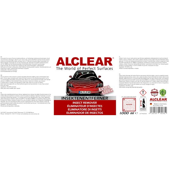 ALCLEAR 721IX Insektenentferner extra für Auto & Motorrad – 1000 ml Vorreiniger für Lack, Kunststoff und Chrom – löst schnell & schonend selbst hartnäckige & angetrocknete Insektenverschmutzungen