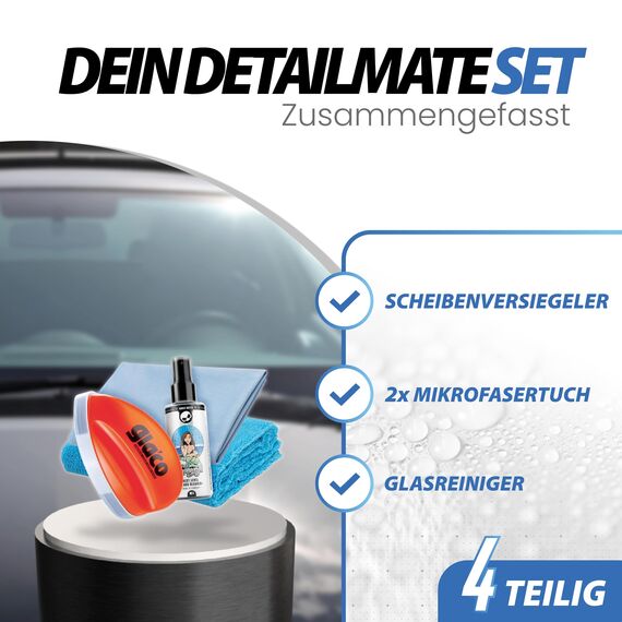 detailmate Scheibenversiegelung Set für Auto und Dusche - perfekter Lotuseffekt: Soft99 Glaco Q, 75 ml + Autoscheiben Glasreiniger 100ml + Glas Mikrofasertuch + flauschiges Poliertuch
