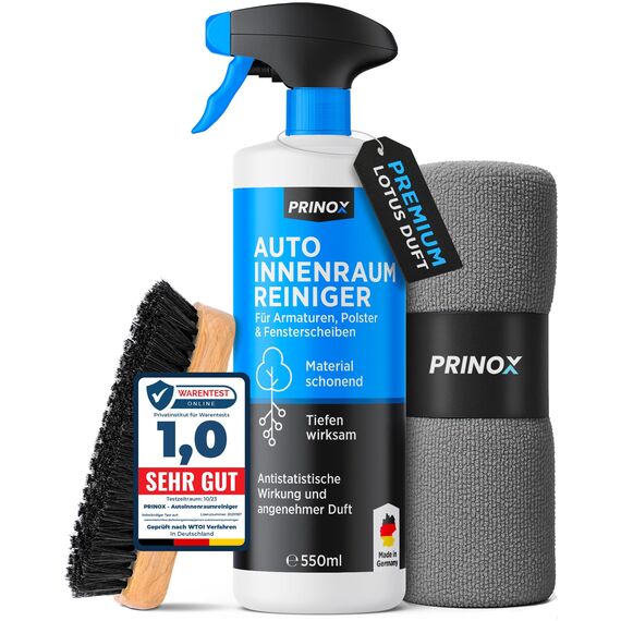 PRINOX Profi Auto Innenraum Reiniger Set 500ml - Cockpitpflege für die Innen Reinigung von Kunststoff, Polster, Leder & Armaturen - Autopflege Innenraumreiniger mit Bürste - Cockpit Reiniger