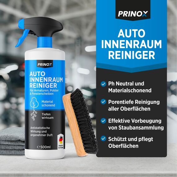PRINOX Profi Auto Innenraum Reiniger Set 500ml - Cockpitpflege für die Innen Reinigung von Kunststoff, Polster, Leder & Armaturen - Autopflege Innenraumreiniger mit Bürste - Cockpit Reiniger