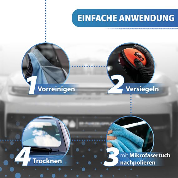detailmate Scheibenversiegelung Set für Auto und Dusche - perfekter Lotuseffekt: Soft99 Glaco Q, 75 ml + Autoscheiben Glasreiniger 100ml + Glas Mikrofasertuch + flauschiges Poliertuch