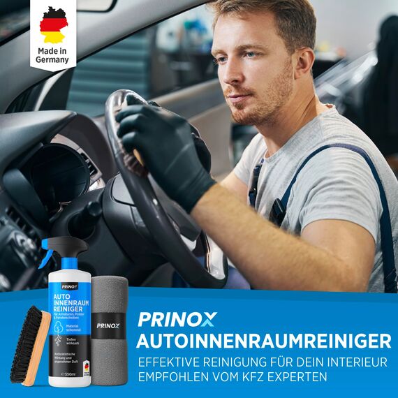 PRINOX Profi Auto Innenraum Reiniger Set 500ml - Cockpitpflege für die Innen Reinigung von Kunststoff, Polster, Leder & Armaturen - Autopflege Innenraumreiniger mit Bürste - Cockpit Reiniger