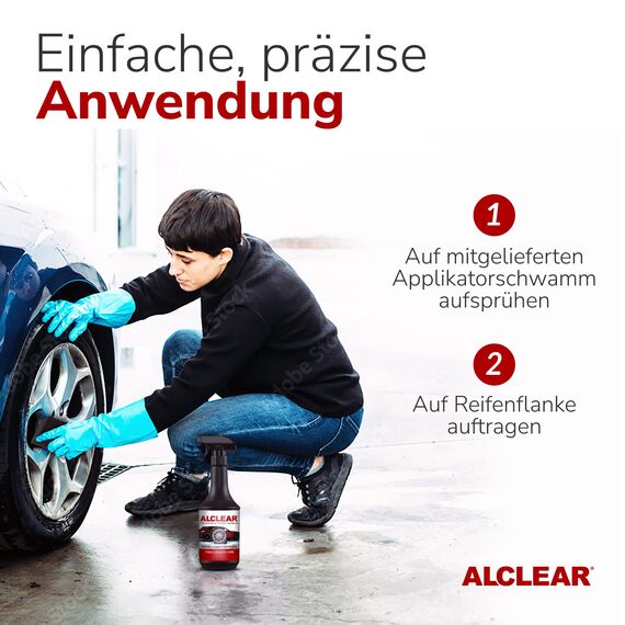ALCLEAR 721RK Reifenglanz 1000 ml, mit Auftragsschwamm, seidenmatt, UV-Schutz, farbauffrischend,für Reifenflanken, Kunststoff, Türgummi, Gummipflege, Autopflege, Fahrzeugaufbereitung, Auto Detailing