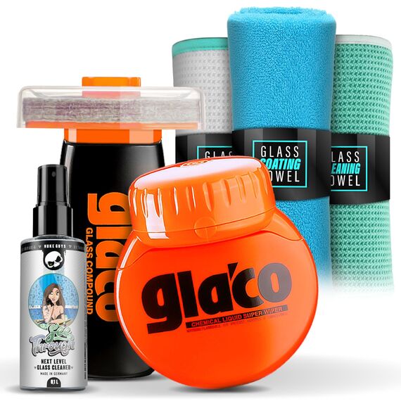 Detailmate Auto Scheiben Politur & Versiegelung Set: SOFT99 Glaco Roll On Large 120 ml + Glasreiniger + 2x Glas Mikrofasertuch + Poliertuch - Scheibenversieglung mit Lotuseffekt bis zu 2 Monate