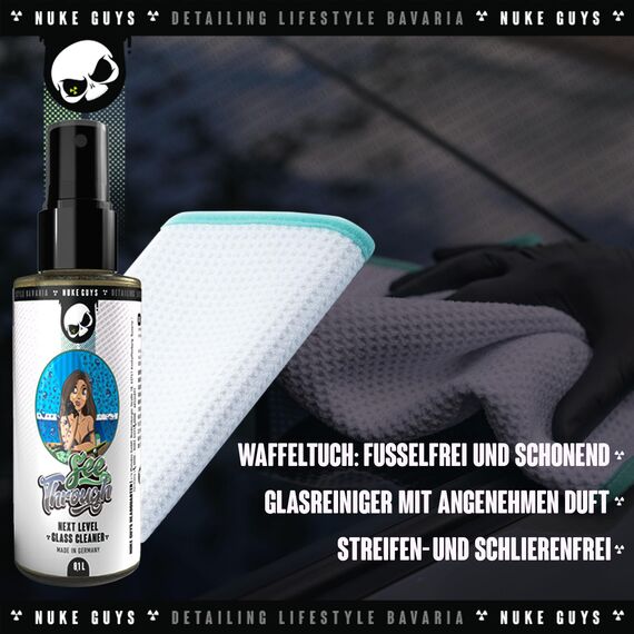Nuke Guys Auto Reinigungsset Innenraum | Innenraumreiniger + Glasreiniger + 1x Fenstertuch + Auto Duft + Cockpit Tücher Glänzend + 1x Detailing Pinsel + 1x Mikrofasertuch | Autopflege Set
