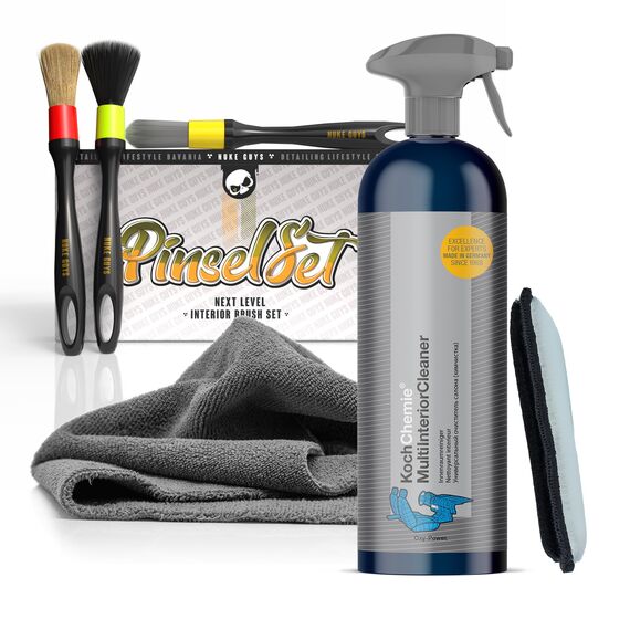 Auto Reinigungsset Innenraum | Koch Chemie Multi Interior Cleaner 750ml Innenraumreiniger + 3x Detailing Pinsel + Mikrofasertuch + Mikrofaser Pad |Effiziente Reinigung von Polster Textil Kunststoff
