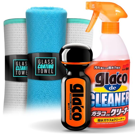 detailmate Autoscheiben Reinigung & Versiegelung Bundle: Soft99 Glaco de Cleaner Glasreiniger 400ml + Soft99 Ultra Glaco Glasversiegelung 70ml + 2x detailmate Waffeltuch + Poliertuch