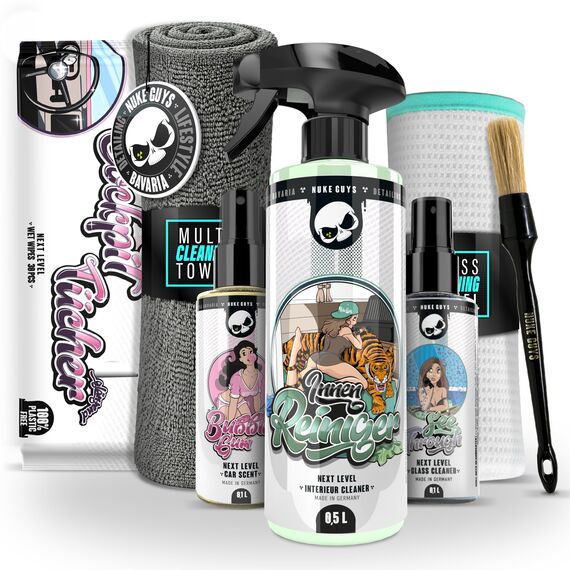 Nuke Guys Auto Reinigungsset Innenraum | Innenraumreiniger + Glasreiniger + 1x Fenstertuch + Auto Duft + Cockpit Tücher Glänzend + 1x Detailing Pinsel + 1x Mikrofasertuch | Autopflege Set