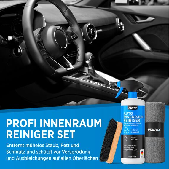 PRINOX Profi Auto Innenraum Reiniger Set 500ml - Cockpitpflege für die Innen Reinigung von Kunststoff, Polster, Leder & Armaturen - Autopflege Innenraumreiniger mit Bürste - Cockpit Reiniger
