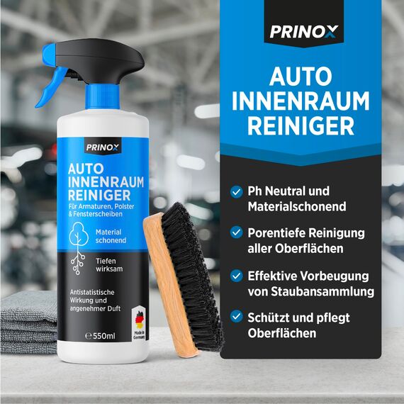 PRINOX Profi Auto Innenraum Reiniger Set 500ml - Cockpitpflege für die Innen Reinigung von Kunststoff, Polster, Leder & Armaturen - Autopflege Innenraumreiniger mit Bürste - Cockpit Reiniger