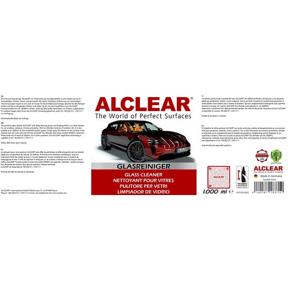 ALCLEAR 721GR Glasreiniger Auto 1000 ml, mit Abperleffekt, für Scheiben innen & außen, Windschutzscheibe, Rückspiegel, Kunststoff, Chrom, streifenfrei, Kindersicherung, Autopflege