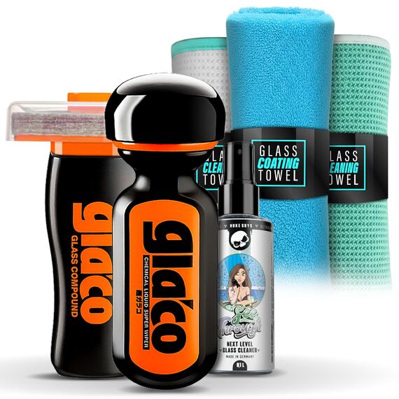 Detailmate Auto Scheiben Politur & Versiegelung Set: Soft99 Ultra Glaco Glasversiegelung 70ml + Glasreiniger + 2x Glas Mikrofasertuch + Poliertuch - Scheibenversieglung Lotuseffekt bis zu 12 Monate