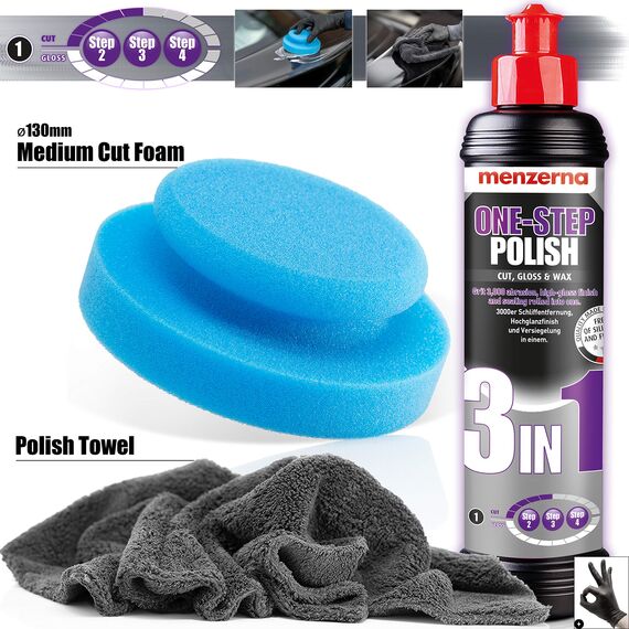 detailmate Handpolitur Auto Set - Menzerna Medium Cut Politur One-Step-Polish 3 in 1, 250ml + Made in Germany Polierschwamm Ø130mm + ultraflausch Mikrofaser Poliertuch 550GSM + 1 Schutzhandschuh
