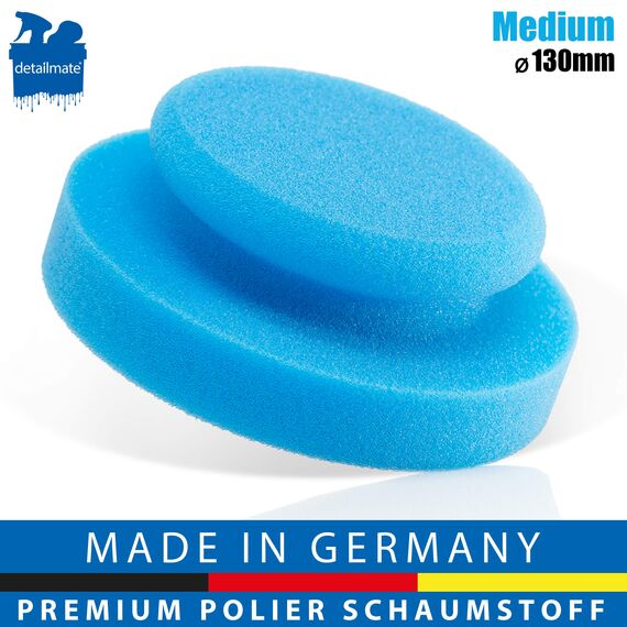 detailmate Autopflege - Made in Germany - Handpolierschwamm - Medium Cut Foam, blau, Ø 130/50mm aus Premium Schaumstoff für Handpolitur/Wachse/Applikator für Pflegeprodukte auf Kunstoff, Reifen