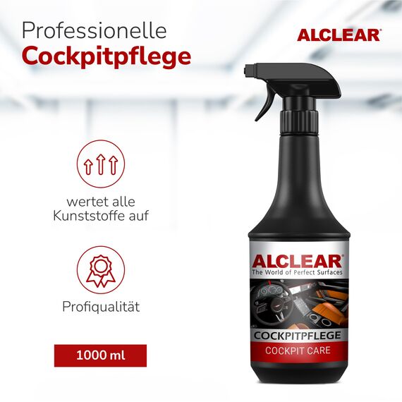 ALCLEAR 721CP Cockpitpflege 1000 ml – Seidenglanz Innenraumreiniger für Kunststoff, Vinyl und Leder – antistatisch, UV-Schutz, staubabweisend – duftneutral – Made in Germany