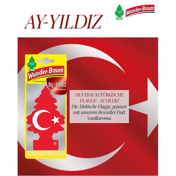 WUNDER-BAUM Auto-Lufterfrischer I Anhänger für langanhaltenden Duft im Auto oder zu Hause I Ay Yildiz Türkische Flagge (Vanille), 1 Stück