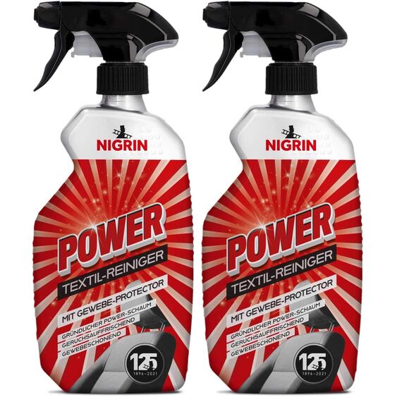 NIGRIN POWER Textil-Reiniger für Auto Innenraum, mit Gewebe-Protector, reinigt gründlich, geruchsauffrischend, 500 ml (Packung mit 2)