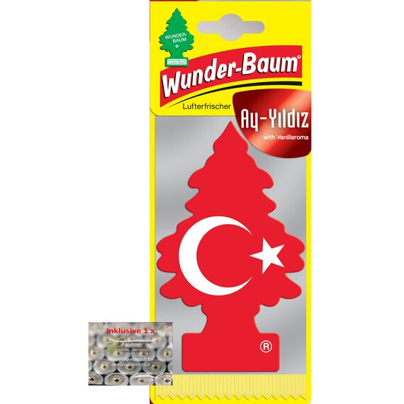 WUNDER-BAUM Auto-Lufterfrischer I Anhänger für langanhaltenden Duft im Auto oder zu Hause I Ay Yildiz Türkische Flagge (Vanille), 1 Stück