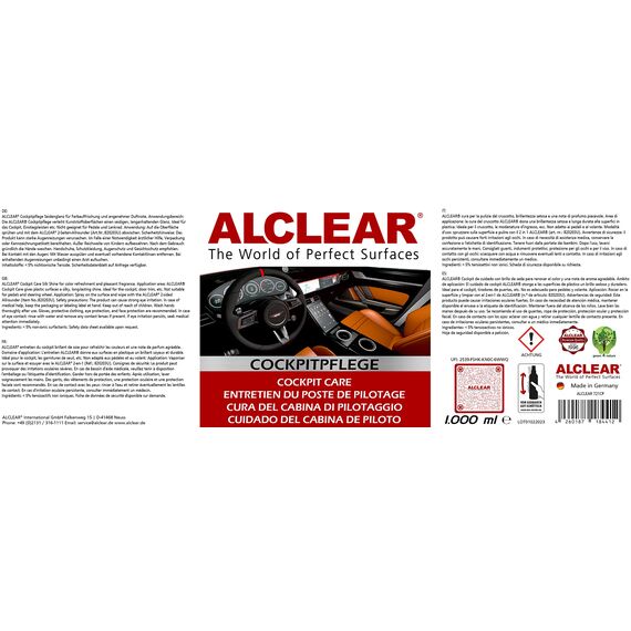 ALCLEAR 721CP Cockpitpflege 1000 ml – Seidenglanz Innenraumreiniger für Kunststoff, Vinyl und Leder – antistatisch, UV-Schutz, staubabweisend – duftneutral – Made in Germany