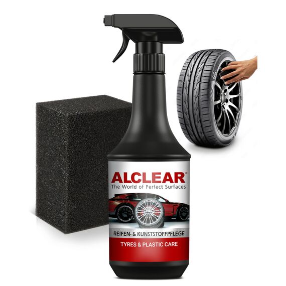 ALCLEAR 721RK Reifenglanz 1000 ml, mit Auftragsschwamm, seidenmatt, UV-Schutz, farbauffrischend,für Reifenflanken, Kunststoff, Türgummi, Gummipflege, Autopflege, Fahrzeugaufbereitung, Auto Detailing