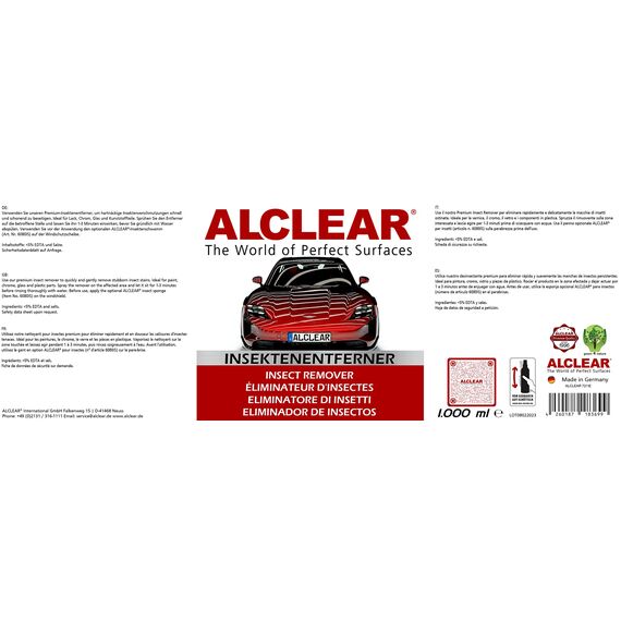 ALCLEAR 721IE Insektenentferner – 1000 ml Spray für Auto & Motorrad – entfernt Insektenreste & Flugrost – für Lack, Glas, Kunststoff, Chrom, Gummi – Vorreiniger zur Karosseriepflege vor der Autowäsche