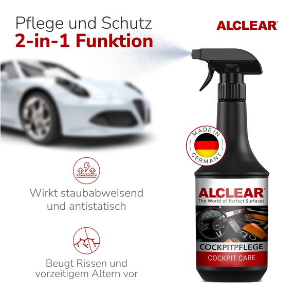 ALCLEAR 721CP Cockpitpflege 1000 ml – Seidenglanz Innenraumreiniger für Kunststoff, Vinyl und Leder – antistatisch, UV-Schutz, staubabweisend – duftneutral – Made in Germany