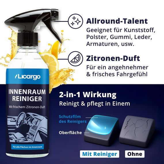 LICARGO® Auto Innenraum Reiniger Set - 6x Premium Microfasertücher & Innenraumreiniger (500ml) - porentiefe Reinheit für Kunststoff, Polster, Leder & Armaturen - Cockpit Reiniger - Autopflege