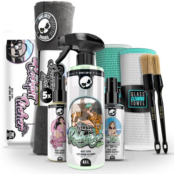 Nuke Guys Auto Reinigungsset Innenraum | Innenraumreiniger + Glasreiniger + 2X Fenstertuch + Auto Duft + Cockpit Tücher Glänzend + 2X Detailing Pinsel + 5X Mikrofasertuch | Autopflege Set