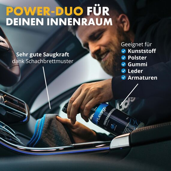 LICARGO Innenraum Set Pro - 2x Innenraumreiniger (500ml) - 6x 380GSM Microfasertücher - 1x Kunststoffpflege 250ml - 3x Innenraum Pads - 1x schonende Bürste - für jede Stelle in deinem Innenraum