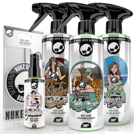 Nuke Guys Auto Reinigungsset Innenraum | Innenraumreiniger 500ml + Glasreiniger + Polsterreiniger + Auto Duft + Duftanhänger "Skull" | Autopflege Set