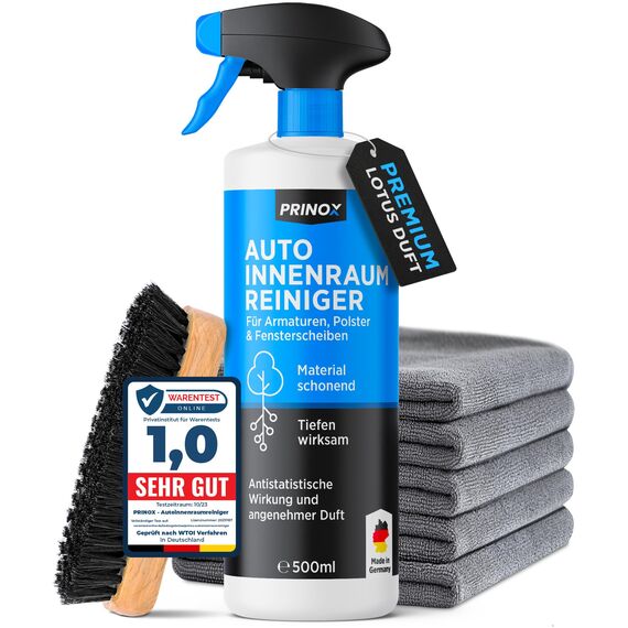 PRINOX Profi Auto Innenraum Reiniger Set 550ml + 5 Mikrofasertücher + Polsterbürste - Cockpitpflege für die Innen Reinigung von Kunststoff, Polster, Leder & Armaturen - Autopflege Innenraumreiniger
