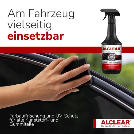 ALCLEAR 721RK Reifenglanz 1000 ml, mit Auftragsschwamm, seidenmatt, UV-Schutz, farbauffrischend,für Reifenflanken, Kunststoff, Türgummi, Gummipflege, Autopflege, Fahrzeugaufbereitung, Auto Detailing
