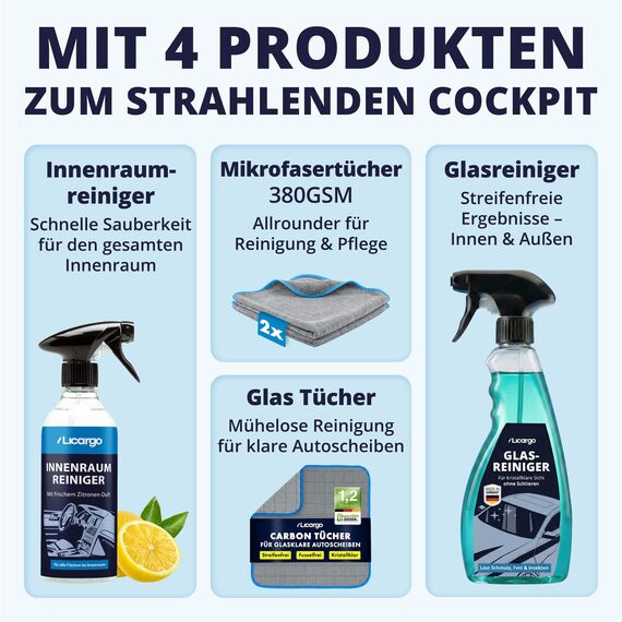 LICARGO® Innenraum & Scheiben Bundle - Für kristallklare Autoscheiben ohne Streifen & Schlieren - porentiefe Reinheit für Kunststoff, Polster, Leder