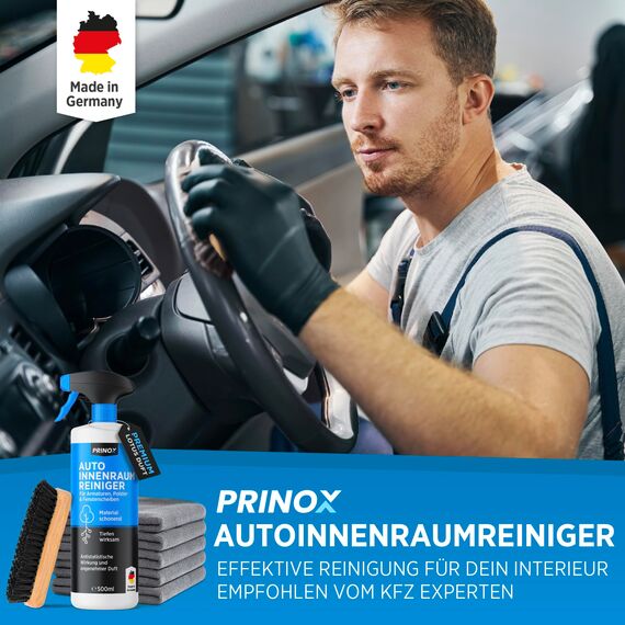 PRINOX Profi Auto Innenraum Reiniger Set 550ml + 5 Mikrofasertücher + Polsterbürste - Cockpitpflege für die Innen Reinigung von Kunststoff, Polster, Leder & Armaturen - Autopflege Innenraumreiniger