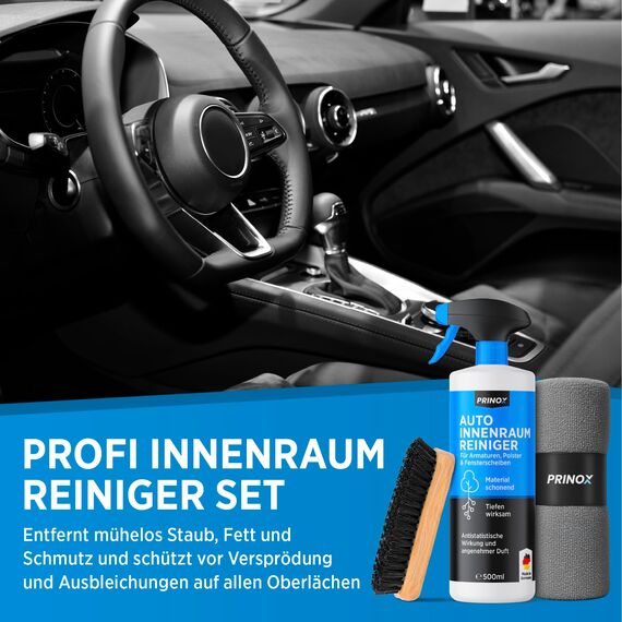 PRINOX Profi Auto Innenraum Reiniger Set 2 x 550ml - Cockpitpflege Auto für die Innen Reinigung von Kunststoff, Polster, Leder & Armaturen - Autopflege Innenraumreiniger mit Bürste - Cockpit Reiniger