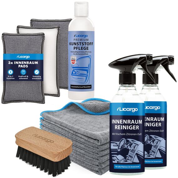 LICARGO Innenraum Set Pro - 2x Innenraumreiniger (500ml) - 6x 380GSM Microfasertücher - 1x Kunststoffpflege 250ml - 3x Innenraum Pads - 1x schonende Bürste - für jede Stelle in deinem Innenraum