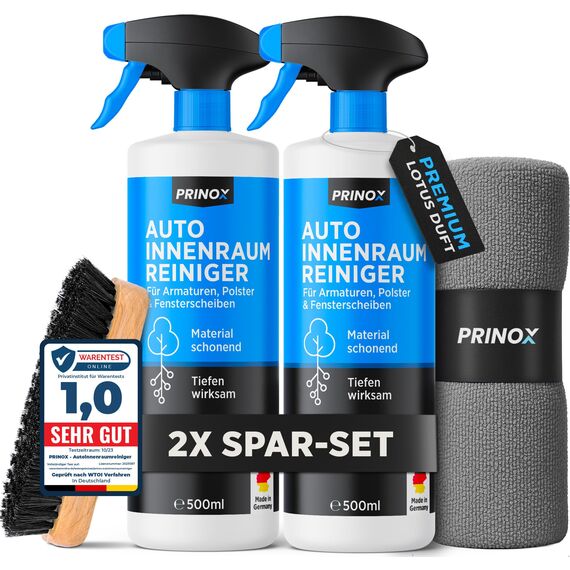PRINOX Profi Auto Innenraum Reiniger Set 2 x 550ml - Cockpitpflege Auto für die Innen Reinigung von Kunststoff, Polster, Leder & Armaturen - Autopflege Innenraumreiniger mit Bürste - Cockpit Reiniger