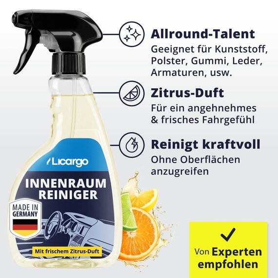 LICARGO Innenraumreiniger Auto 500 ml - Neuwagen-Frische in Minuten - Kraftvoll & schonend - Cockpitpflege Auto für Kunststoff, Leder & Armaturen - Polsterreiniger & Cockpitspray für den Innenraum