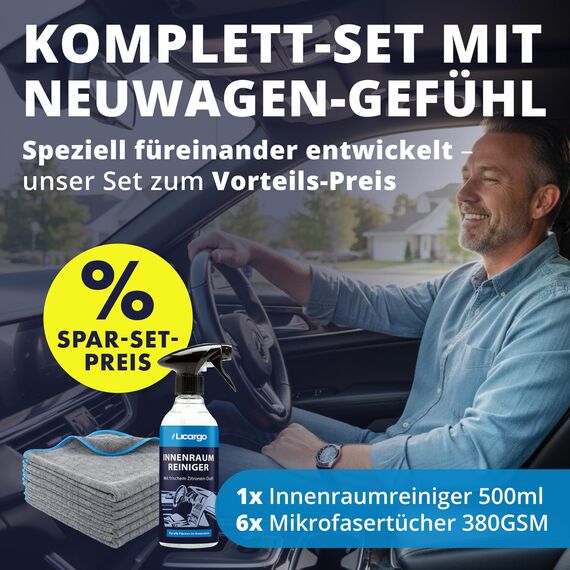 LICARGO® Auto Innenraum Reiniger Set - 6x Premium Microfasertücher & Innenraumreiniger (500ml) - porentiefe Reinheit für Kunststoff, Polster, Leder & Armaturen - Cockpit Reiniger - Autopflege
