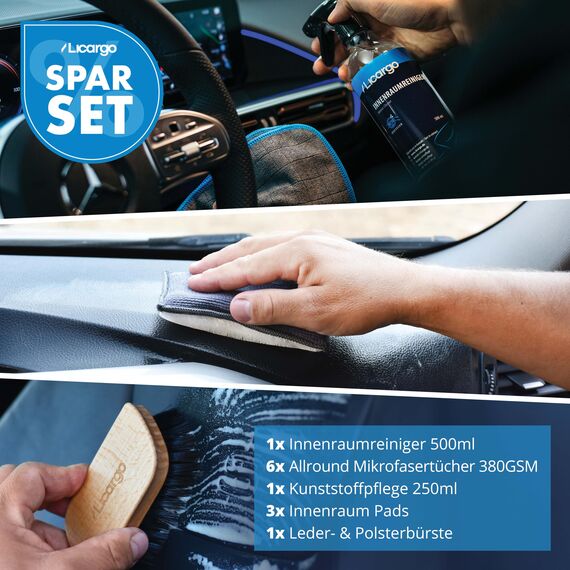 LICARGO Innenraum Set Pro - 2x Innenraumreiniger (500ml) - 6x 380GSM Microfasertücher - 1x Kunststoffpflege 250ml - 3x Innenraum Pads - 1x schonende Bürste - für jede Stelle in deinem Innenraum