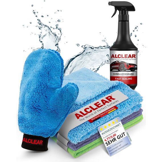 ALCLEAR 8201050 Autopflegeset für Tiefenglanz, mit Lack & Scheiben Trockentuch, Auto Poliertuch, Lackversiegelung, Felgenhandschuh, Cockpittuch