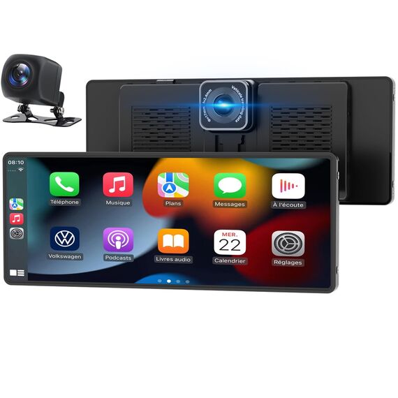 Carplay Display, 10.26" Apple Carplay, Android Auto Display mit 1080P HD Rückfahrkamera & Frontkamera, GPS-Navigation, Premium-Sound, Sprachsteuerung, Zigarettenanzünder mit Zwei Anschlüssen, FM, AUX
