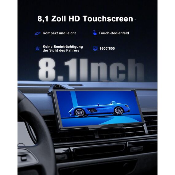 Avylet 8,1 Zoll Wireless Carplay Display für Android Auto&Apple Carplay, Tragbares IPS Touch Bildschirm mit IP67 Rückfahrkamera, OTA-Updates, GPS Navigation, Bluetooth 5.0, Mirror Link, FM/AUX