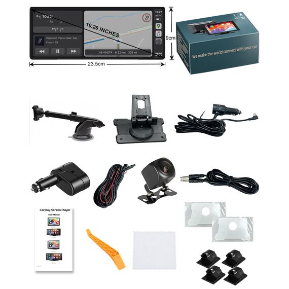 Carplay Display, 10.26" Apple Carplay, Android Auto Display mit 1080P HD Rückfahrkamera & Frontkamera, GPS-Navigation, Premium-Sound, Sprachsteuerung, Zigarettenanzünder mit Zwei Anschlüssen, FM, AUX