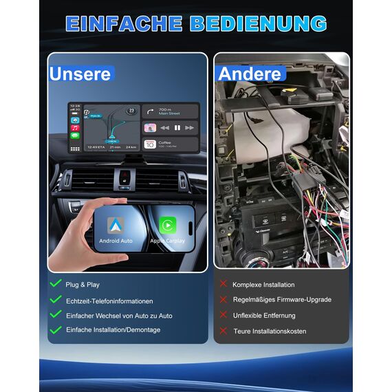 Carplay Display, 10.26" Apple Carplay, Android Auto Display mit 1080P HD Rückfahrkamera & Frontkamera, GPS-Navigation, Premium-Sound, Sprachsteuerung, Zigarettenanzünder mit Zwei Anschlüssen, FM, AUX