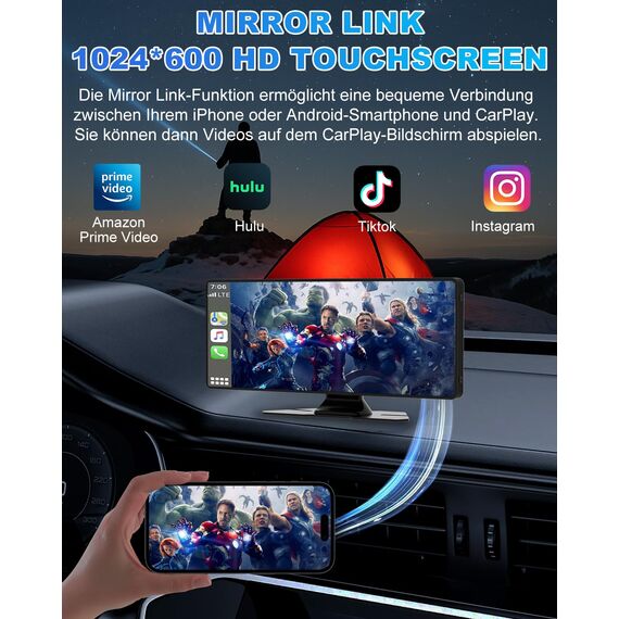 Carplay Display, 10.26" Apple Carplay, Android Auto Display mit 1080P HD Rückfahrkamera & Frontkamera, GPS-Navigation, Premium-Sound, Sprachsteuerung, Zigarettenanzünder mit Zwei Anschlüssen, FM, AUX
