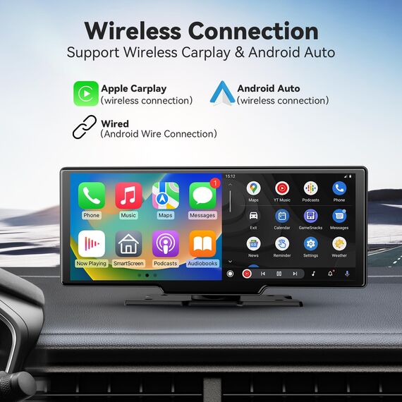 10,26 Zoll 4K Wireless Carplay Display Android Auto Display,Autoradio Kabelloses Carplay Bildschirm,Android Auto Bildschirm mit AUX/FM,Dash Cam,Rückfahrkamera,Mirror Link,Bluetooth für alle Fahrzeuge