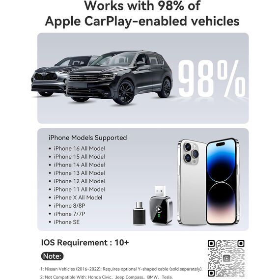 MZU CarPlay Wireless Adapter für iPhone – Upgrade auf kabelloses CarPlay, Plug & Play, USB/Type-C, Mini & Stabiler Wireless Car Play Adapter kompatibel mit Apple iOS 10+ & Wired CarPlay Autos ab 2016