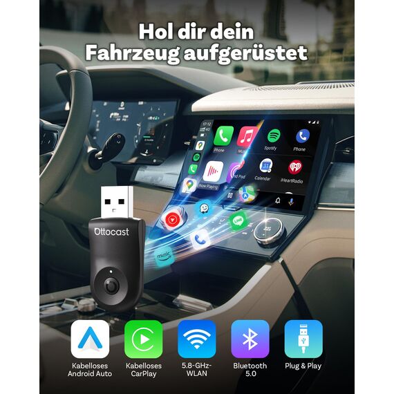 2025 Verbesserter 2-in-1 Wireless CarPlay & Android Auto Adapter, OTTOCAST MINI Kabelloser CarPlay Adapter für iOS 10+ & Android 11+, Wandelt kabelgebundenes CarPlay in Wireless um (Schwarz)